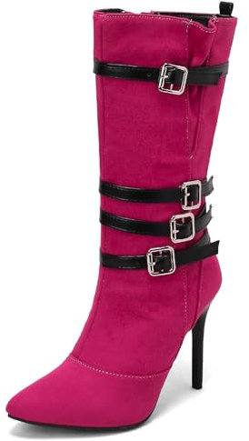 MJIASIAWA Tacco A Spillo Equestrian Donna Appuntito Half Stivaletti Senza Chiusura Eleganti Fibbia Moda A Collo Alto Warm Stivali Equitazione Rose-Rosso Numero 35 Eu