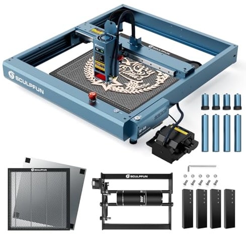 SCULPFUN SF-A9 Laser Graviermaschine mit Laser Rotationswalze, Automatische Air Assist, Honeycomb Arbeitstisch, 40W Ausgangsleistung Laserschneider für 30mm Holz, 20W Ausgangsleistung Lasergravierer