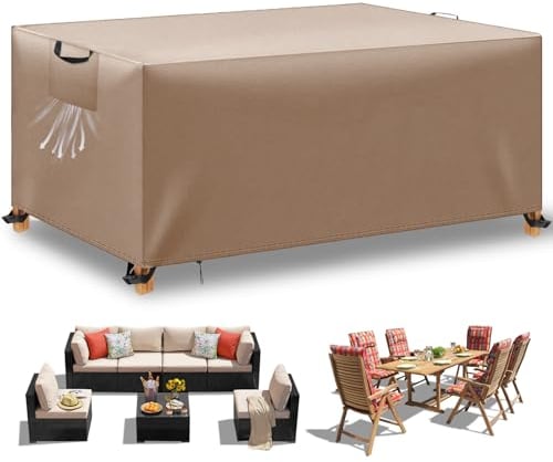 WUAYAMI Housse Table de Jardin, Housse Salon de Jardin Exterieur, Housses pour Mobilier de Jardin Imperméable Anti-UV, 420D Tissu Oxford Housse de Protection Salon de Jardin, Kaki, 125x63x74 cm