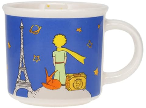 KIUB Mini tasse expresso - motif Petit Prince et son renard prêt de la Tour Eiffel de Paris - fond bleu - porcelaine fine et hauteur 7,5CM
