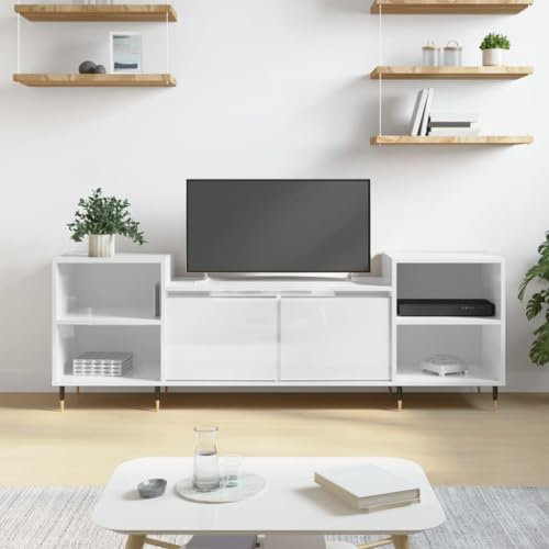 TJROO Mueble para TV blanco brillante, 160 x 35 x 55 cm, madera multicapa y metal, consola de TV, mueble bajo TV, mueble bajo, con puertas mueble TV vitrina móvil con puertas mueble TV armario TV