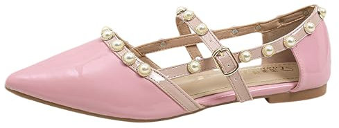 ANUFER Donna A Punta Ballerine Elegante Rivetti di Perle Cinturino con Fibbia Mary Janes Décolleté Scarpe SN07051124 Rosa EU38