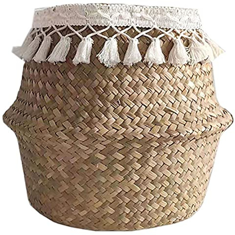 Cesta de paja tejida plegable para estantes, cesta de almacenamiento para plantas, 36 x 36 x 15 cm, suministros de almacenamiento (gris 4)