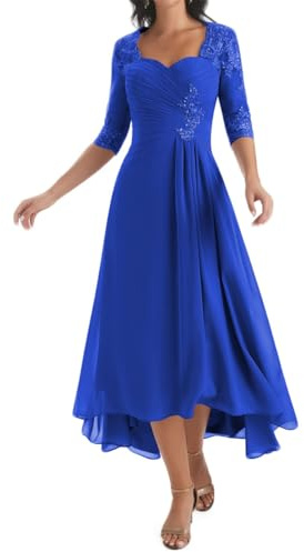 HPPEE High Low Mother of the Bride Dresses for Women with Sleeves A Line Chiffon Lace Applique Royal Blue Formal Mother of Groom Dress UK14