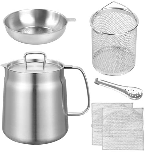 Fettbehälter mit Sieb-Set, 2L Edelstahl Ölfilter Topf Speck Fett Keeper Vielseitiges Öl für Küche Lagerung Braten, Fettbehälter Rostfreier Stahl Speckfett, Fettbehälter mit Feinmaschfilter