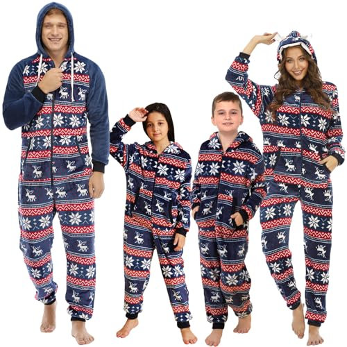 QIYUANT Pigiama Intero Natale Famiglia Caldo Pile di Flanella Cerniera Intera Natalizia Autunno Invernale Tuta Famiglia Coordinati per Madre papà Bambino e Coppia (Uomo_Alce della Marina, XL)