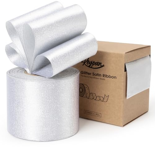 Keypan Weiß Satinband 63mm Doppelseitig mit Drahtkante Geschenkband | 9.14m Glitzerndes Schleifenband für Geschenk Verpackung, Schleifen Blumenstrauß & Dekoration Kranz Baumschmuck
