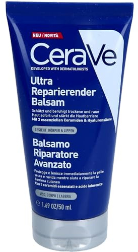 CeraVe Ultra Reparierender Balsam für Gesicht, Körper und Lippen, Creme für trockene, raue und rissige Haut, Mit 3 essenziellen Ceramiden und Hyaluronsäure, 50 ml