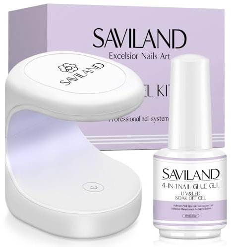SAVILAND 15 ML UV Gel with Lamp for Press on Nails, 4-in-1 Strong Nail Extension, DIY Art Fast Curing Tips