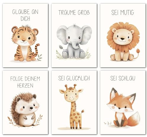 LAVEMA Affirmationsposter Kinder | Bilder Kinderzimmer DIN A3 (30x42cm) Poster Set | Wanddeko Babyzimmer Deko | Affirmationsbilder | Wandposter Junge | Tierbilder | Wandbilder Tiere
