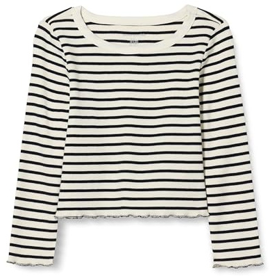 Amazon Essentials Girls' Long Sleeve Cropped Rib Top, Eggshell White Black French Stripes, 4 Years