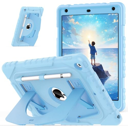 OKP Kids Case for iPad 9th/ 8th/ 7th Generation 10.2 Inch (2021/2020/2019), Heavy Duty Rugged 9 8 7 th Gen iPad Protective Cover with Built-in Kickstand, Pencil Holder for Kids Girls Boys, Sky Blue