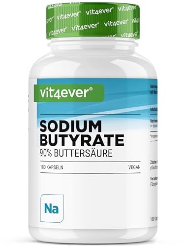 Butirato de sodio - 180 cápsulas con 600 mg - Premium: 90% de ácido butírico - Butirato de sodio puro sin aditivos indeseables - Alta dosis, vegano