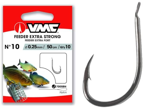VMC 7005 Feeder Haken gebunden 50cm Vorfach - Extra starke Vorfachhaken aus Carbonstahl für Feederangeln auf Karpfen, Brassen, Schleien & Rotaugen - Angelhaken Schwarz, 10 Stück