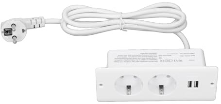Culnflun Versenkbare Steckdose, 2 Fach Tischplatte Versenkte Steckdose mit 2 USB, Euro 230-265V Tischsteckdose Tischsteckdose Steckdosenleiste 1.5m Kabel für Arbeitsplatte Konferenztisch (Weiß)