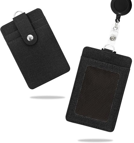 Conisy Porta badge con cordino retrattile, porta badge verticale in pelle PU con 2 scomparti per carte di credito, Adatto per Donne e Uomini (Porta badge Nero)