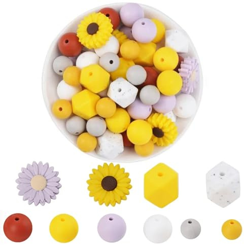 Lxoraziy 56 Stück Silikonperlen Bulk, Daisy Rubber Lose Silikonperlen, Bastelperlen Rund Polygon für Heimwerker Schlüsselanhänger Armbänder Halsketten Schmuckherstellung -C