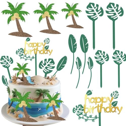 Xsstarmi Happy Birthday Cake Topper with Turtle Leaves Palm Tree Tropical Cake Pick for Summer Hawaii Aloha Baby Shower Happy Birthday Party DIY Cake Decorations Supplies