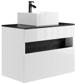 Vente-unique-Mueble Flotante de baño con Luces LED y Lavabo sobre encimera - Blanco y Negro con Efecto mármol - Ancho 80 cm - POZEGA