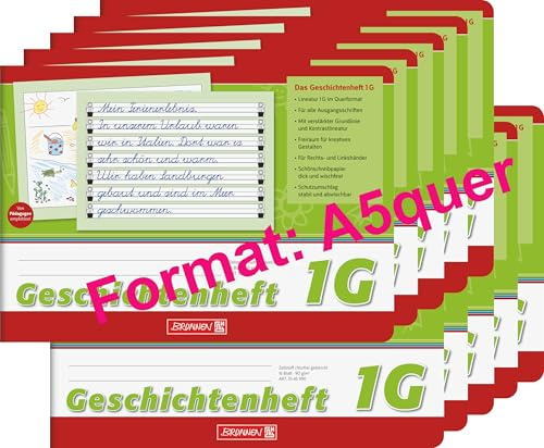 BRUNNEN Geschichtenheft | A5quer Lineatur 1G, 16 Blatt, grün 10er Pack - Wahlweise mit Pelikan Griffix Schreiblernfüller