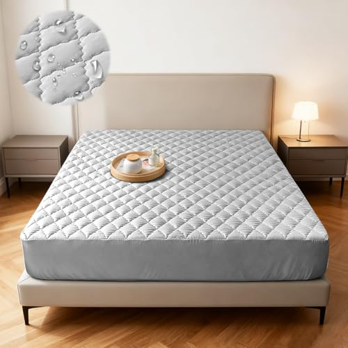 RANJIMA Wasserdichter Matratzenschoner 180x200 cm, 2‑in‑1 Spannbettlaken atmungsaktiver Matratzenauflage waschbarer Nässeschutz und Matratzenbezug für Haushalt Gästebett, Grau