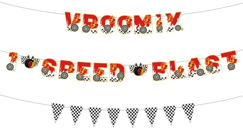 Race Car 1st Birthday Banner, Pre-Strung Racing Theme Party Banner with Triangular Checkered Flag Decoration for Boys & Girls Birthday Party Supplies