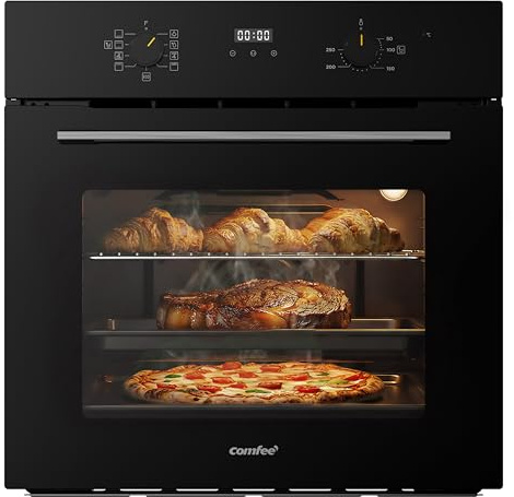 COMFEE' Horno Pizza Eléctrico Empotrable Multifunción, Convección, 1 Bandeja y 1 Rejilla, Limpieza Aquactiva, 70L, 7 Funciones, Ventilador de, Cavidad Esmaltada, Puerta Fría, CBO70M80D2-BK [Clase A]