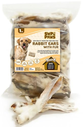 Supa Paws 1Kg Rabbit Ears with Fur for Dogs (70-85 Hairy Ears) 100% Natural Raw Dog Treat Hypoallergenic Pet Treats for Puppy Senior Chews for Dogs Healthy Digestive Grain, Gluten Free Dog Snacks Food