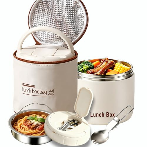 Food Flasks for Hot Food, 1.3L Stainless Steel Lunch Box, Insulated Wall Container with Insulation Bag and Folding Spoon, Thermal Food Flask Jar for Meals, Soup or Fruit, for Office and Outdoor