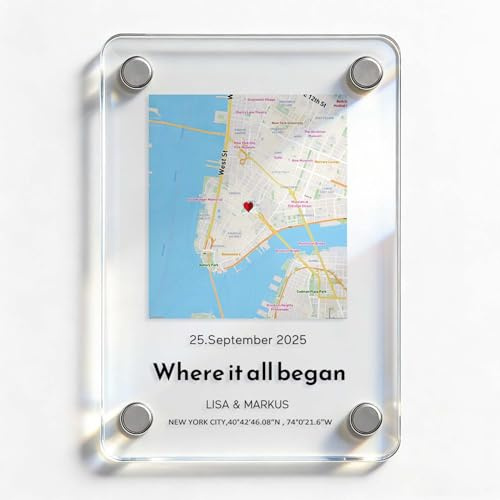 Personalisierter Karten Kühlschrankmagnet aus Acryl, Wo Alles begann Koordinaten Magnete, Starke Kühlschrank Magnete für Magnettafel, Geschenke für Paare zum Jahrestag, Dekorativer Kühlschrankmagnet