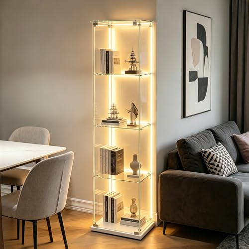 Vitrinenschrank Glas Modern,Glasvitrine Stehend Sammlervitrine Weiß Standvitrine Schmal Eckvitrine Glasvitrine mit LED Glas Vitrine mit Schloss Glasschrank (Weiß, 1 Tür 4 Lagen LED-Lichtleiste)
