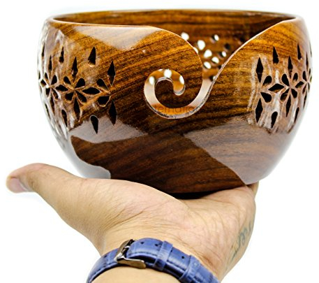 Nagina International Rosewood Crafted Wooden Yarn Storage Bowl with Carved Holes & Drills | Knitting Crochet Accessories (Large)
