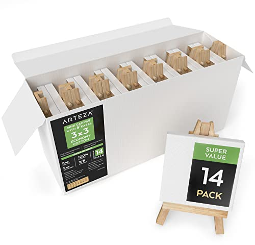 Arteza Mini Leinwand mit Staffelei, Leinwand klein 7.6 x 7.6 cm, 100% Baumwolle, grundierte mini Keilrahmen 14er Pack, kleine Leinwand zum Bemalen, Acryl Pouring, für Ölfarben & nasse Kunsttechnicken