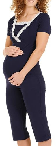 Herzmutter Pyjama Grossesse - Pyjama Maternité Allaitement - Vêtement de Nuit - pour Femme Enceinte - Pyjama Ensemble Maternité - Pantalon midi - Manches Courtes - 2500 (L, Bleu)