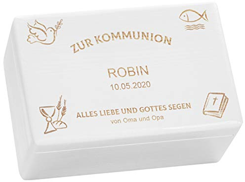 LAUBLUST Holzkiste zur Kommunion - Kirchen Symbole - Geschenkkiste Personalisiert mit Gravur - ca. 30x20x14cm, Weiß, FSC®