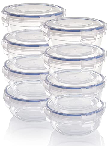 Grizzly juego de recipientes de plástico para almacenamiento de alimentos, 8 recipientes con tapa, planos, redondos, apilables, aptos para microondas y lavavajillas