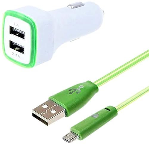 Pack Chargeur Voiture pour Samsung Galaxy J6+ Smartphone Micro-USB (Cable Smiley + Double Adaptateur LED Allume Cigare) (Vert)