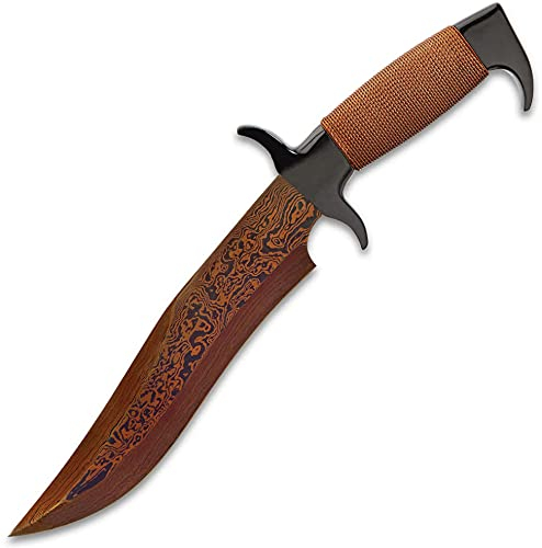 UNITED CUTLERY Gil Hibben´s Hellfyre Highlander Bowie Jagdmesser mit roter Damaststahl-Klinge und schwarzer Gürtelscheide aus Leder, GH5089