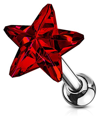 beyoutifulthings 1 Knorpel Ohr-stecker Kristall-Stern Silber Rot Cartilage Labret Piercing-s Tragus Labret Edelstahl Schraub-Verschluss