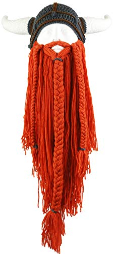 YEKEYI Wikingerbart-Mütze, Horn, Winter, warme Maske, gestrickte, lustige Kappe aus Wolle, Horn orange, Einheitsgröße