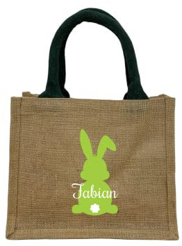 Bedruckte Jutetasche zu Ostern mit Name | Ostertasche Motiv Hase für Kinder | Personalisiertes Osternest zum Befüllen inkl. Namensdruck | Geschenktasche mit Henkel als Osterkörbchen natur/dunkelgrün