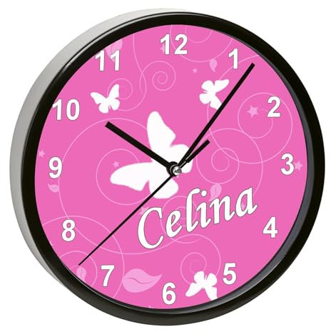 CreaDesign, WU-01-1032-02, Schmetterling Rosa Wanduhr für Kinderzimmer, personalisierbar mit Namen, Rahmen schwarz, Durchmesser 19,5 cm