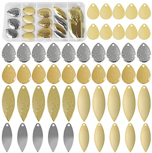 Spinner Blades Fishing Lures Kit,50pcs Easy Spin Colorado Willow Blades Set DIY Lure Making Supplies Gold Silver Fishing Spoons Blades for Spinner Spinnerbaits Walleye Rig Making