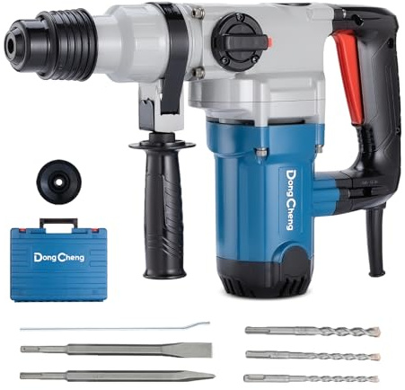 DongCheng 1-1/8 Inch SDS-Plus Rotary Hammer, 9.2A Motor, 3.6J Impact Energy, 5,000 BPM, with 3 Drill Bits, 2 Chisels & Case, 120V, Safety Clutch