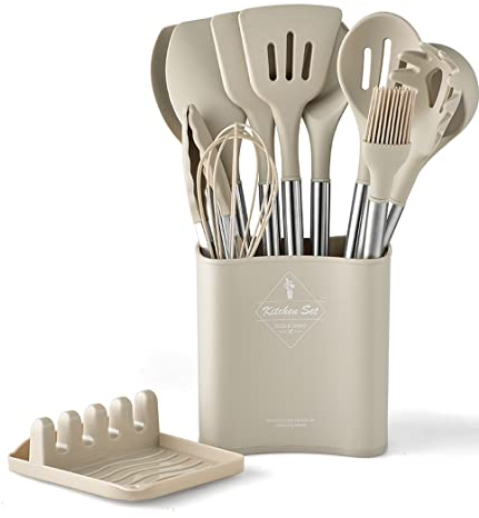 FlyHigh Premium 13-teiliges Küchenutensilien - 100% BPA-frei, hitzebeständiges Silikon, Antihaftbeschichtung, Edelstahl-Silikon-Griffe und Halter - Hochwertiges Spachtel-Set (Khaki)