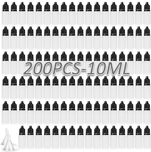 SENENQU Lot de 200 Flacons Compte-gouttes de 10 ml Avec 5 Entonnoirs, Fiole Vide 10ml Plastique Rechargeables Bouteilles Conteneurs avec Bouchon à Vis, Portable Yeux Liquides Compte-gouttes…