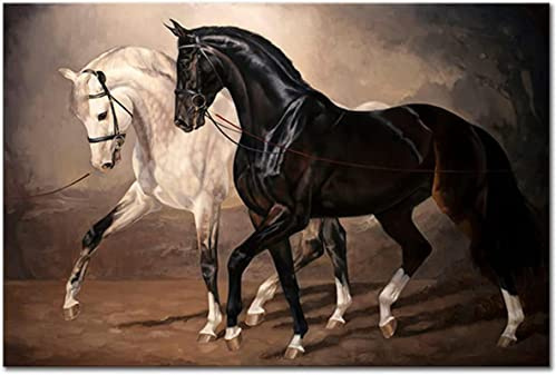 HTWLMM Leinwand Malerei Schwarz Weiß Pferd Vintage Bilder Kunstdruck für Wohnzimmer Schlafzimmer Wandbilder Deko Rahmenlos (80X120CM)