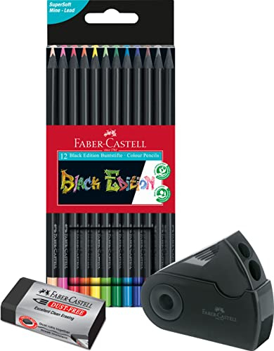 Faber-Castell - Buntstifte Blackwood, Black Edition, 12er Etui, leuchtende Farben mit weichem Abstrich, schwarzes Holz (12er Malset) inkl. Spitzdose Sleeve und Radierer Edition Dust-free
