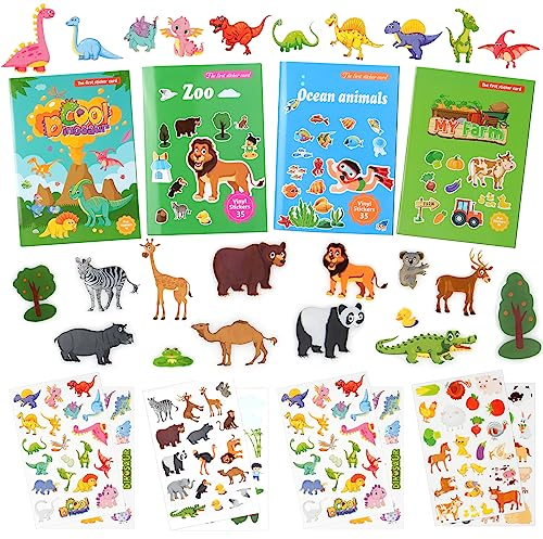 Vicloon Piccoli Libri con Adesivi, 4 Pezzi a Colori Copertina Flessibile con 140 Adesivi Riutilizzabili, Essere Attaccato a Libri di Adesivi, Finestre, Tazze, ECC (Zoo e Oceano e Dinosauro e Fattoria)