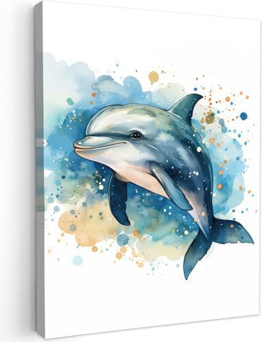 MuchoWow© Impression sur Toile Peinture 30x40 cm Tableau Mural Decoration Salon Reproductions de Tableaux Murale Moderne Dauphin - Animaux - Nature - Bleu - Blanc